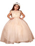 Big Girls Champagne Illusion Neckline Floral Applique Glitter Tulle Dress 8-16 - SophiasStyle.com