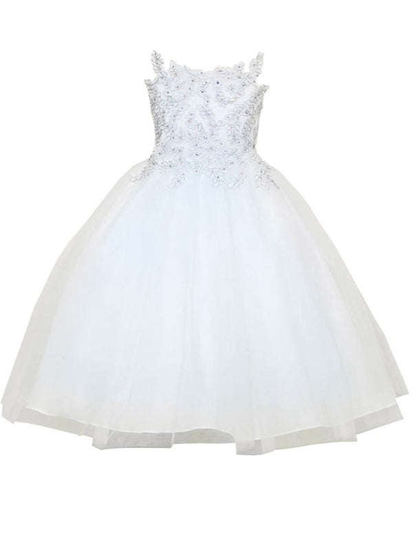 Flower Girl Dress with Gold Embroidered Top and Tulle Overlay Skirt, Sizes 2-16 - SophiasStyle.com