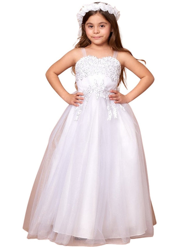Big Girls White Embroidered Sweetheart Neckline Junior Bridesmaid Dress 8-16 - SophiasStyle.com