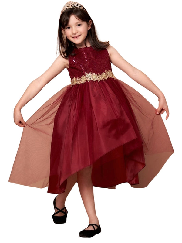 Little Girls Burgundy Sequin Bodice Hi Low Flower Girl Dress 2-6 - SophiasStyle.com