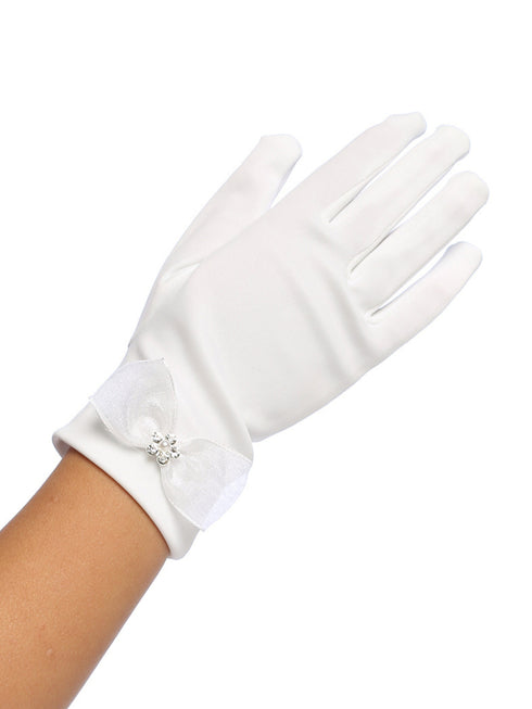 Tip Top Kids Girls White Organza Bow Flower Rhinestone Matte Special Occasion Gloves - SophiasStyle.com