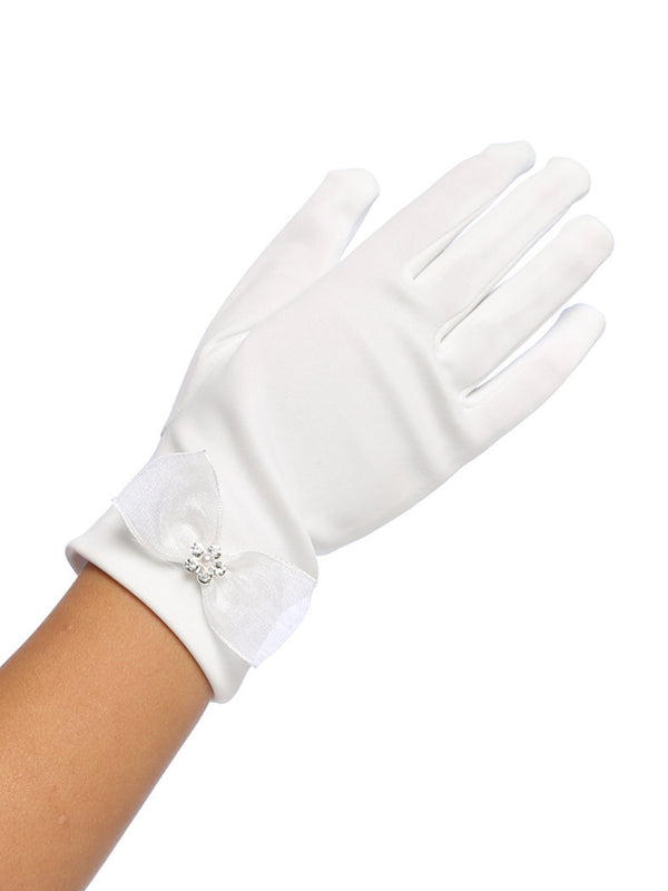 Tip Top Kids Girls White Organza Bow Flower Rhinestone Matte Special Occasion Gloves - SophiasStyle.com