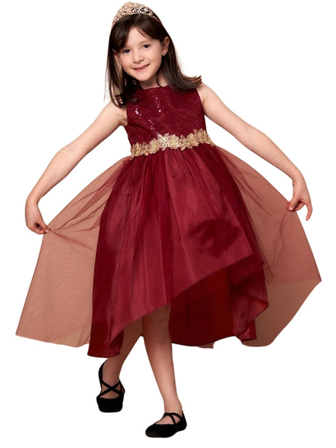 Big Girls Burgundy Sequin Bodice Hi Low Junior Bridesmaid Dress 8-16 - SophiasStyle.com