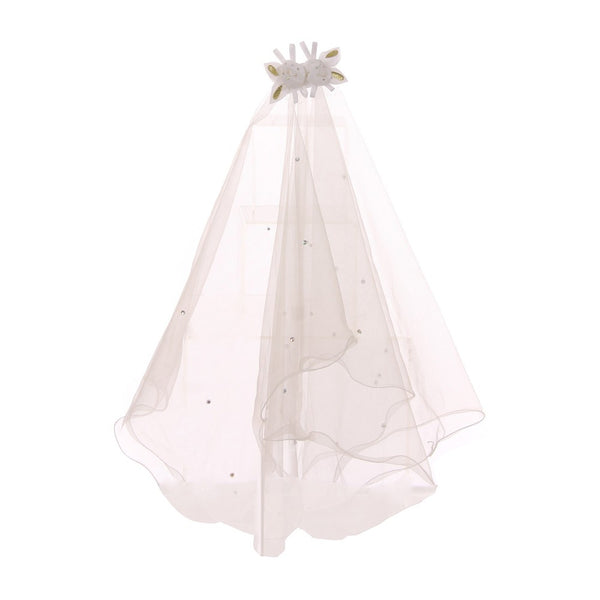 Girls Ivory Flower Rhinestone Double Layer Mesh Comb Communion Flower Girl Veil - SophiasStyle.com