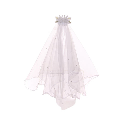 Girls White Flower Rhinestone Double Layer Mesh Comb Communion Flower Girl Veil - SophiasStyle.com