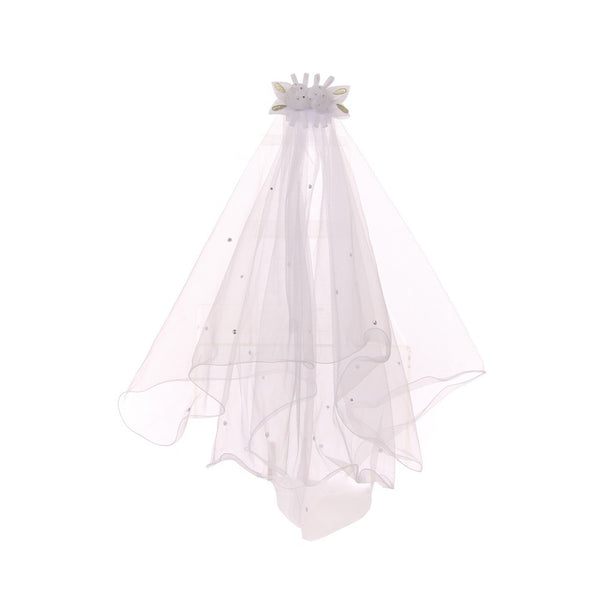 Girls White Flower Rhinestone Double Layer Mesh Comb Communion Flower Girl Veil - SophiasStyle.com