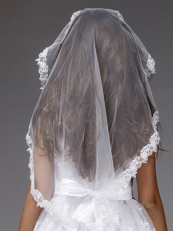 Petite Adele Girls White Lace Embroidered Edge Communion Flower Girl Veil - SophiasStyle.com