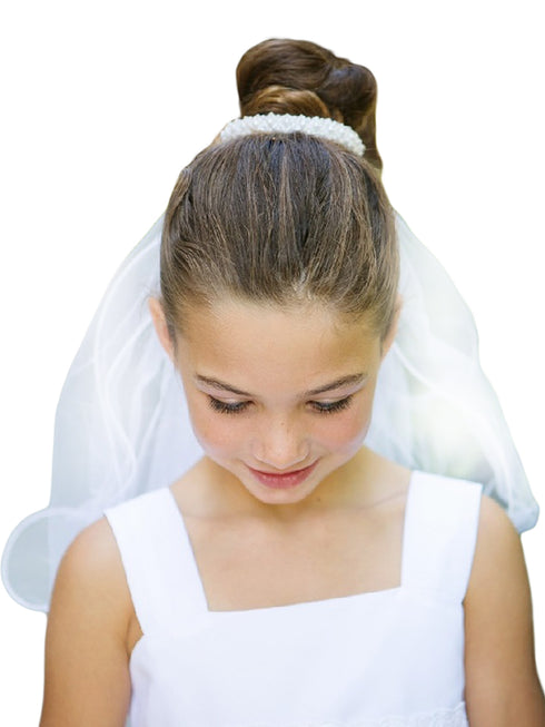 Kids Dream Girls White Pearl Bun Communion Flower Girl Veil - SophiasStyle.com