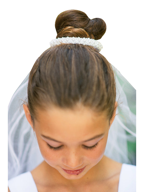 Kids Dream Girls White Pearl Bun Communion Flower Girl Veil - SophiasStyle.com