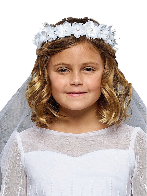 Kids Dream Girls White Gem Pearl Floral Comb 21" Communion Flower Girl Veil - SophiasStyle.com