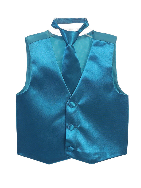 Tip Top Kids Big Boys Teal Three Button Satin Vest Tie 2 Pc Set 8-16 - SophiasStyle.com