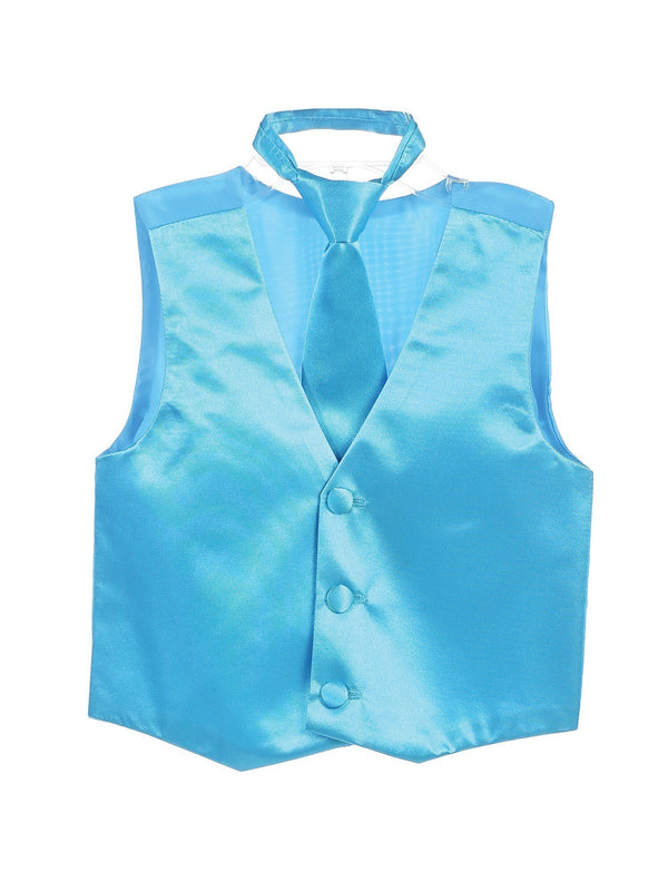 Tip Top Kids Little Boys Turquoise Three Button Satin Vest Tie 2 Pc Set 2-6 - SophiasStyle.com