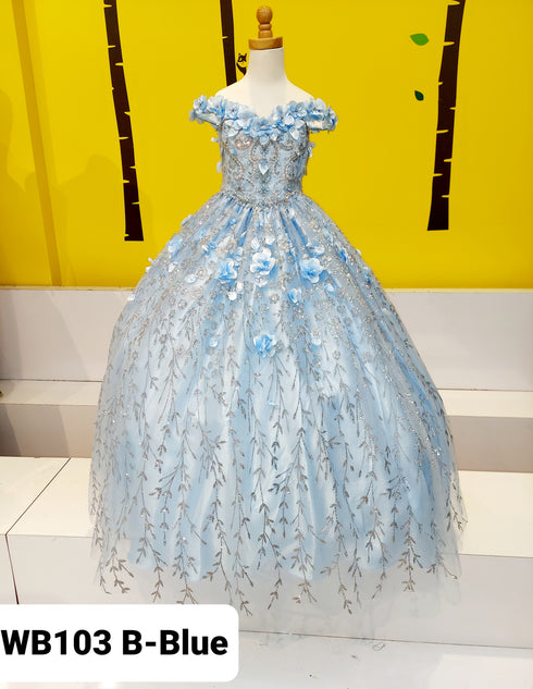 Big Girls Blue Rhinestone Flower Applique Off Shoulder Ball Gown 8-16 - SophiasStyle.com