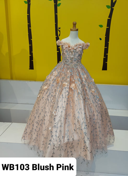 Little Girls Blush Rhinestone Flower Applique Off Shoulder Ball Gown 3-6 - SophiasStyle.com