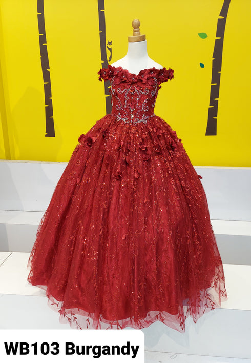 Big Girls Burgundy Rhinestone Flower Applique Off Shoulder Ball Gown 8-16 - SophiasStyle.com