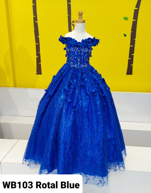 Big Girls Royal Blue Rhinestone Flower Applique Off Shoulder Ball Gown 8-16 - SophiasStyle.com