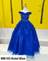 Big Girls Royal Blue Rhinestone Flower Applique Off Shoulder Ball Gown 8-16 - SophiasStyle.com