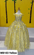 Little Girls Yellow Rhinestone Flower Applique Off Shoulder Ball Gown 3-6 - SophiasStyle.com