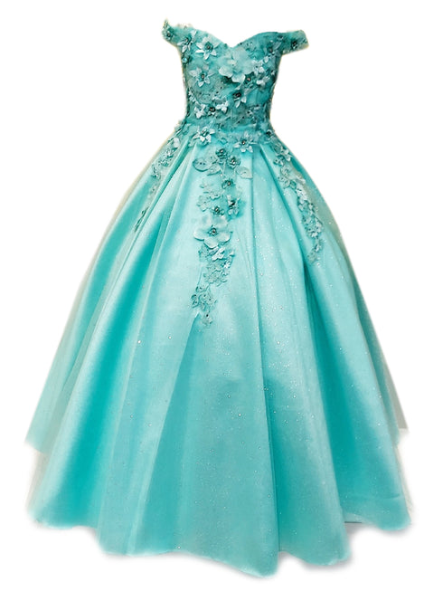 Big Girls Mint 3D Flower Organza Lace Off Shoulder Pageant Dress 8-16 - SophiasStyle.com