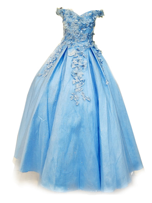 Little Girls Blue 3D Flower Organza Lace Off Shoulder Pageant Dress 3-6 - SophiasStyle.com