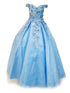 Big Girls Blue 3D Flower Organza Lace Off Shoulder Pageant Dress 8-16 - SophiasStyle.com