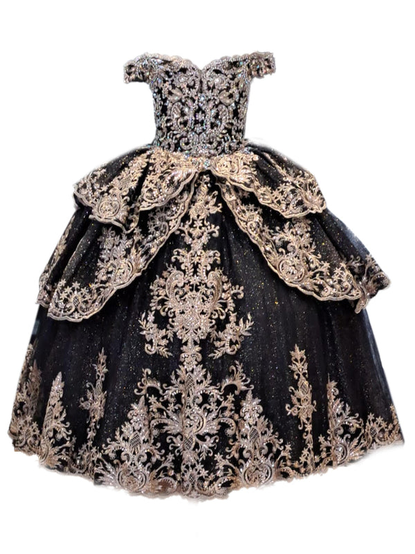 Big Girls Black Glittery Gold Embroidered Off Shoulder Ball Gown 8-16 - SophiasStyle.com