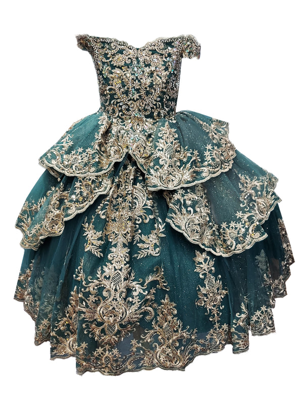 Little Girls Emerald Green Glittery Gold Embroidered Off Shoulder Tiered Ball Gown 3-6 - SophiasStyle.com