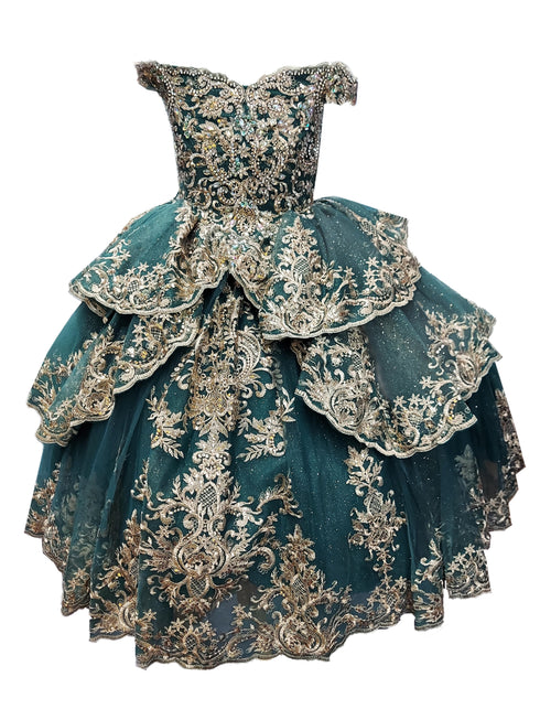 Big Girls Emerald Green Glittery Gold Embroidered Off Shoulder Tiered Ball Gown 8-16 - SophiasStyle.com