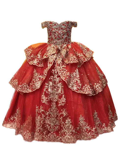 Little Girls Red Glittery Gold Embroidered Off Shoulder Ball Gown 3-6 - SophiasStyle.com