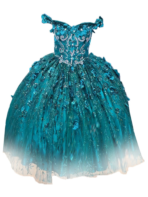 Little Girls Emerald Green Rhinestone Flower Applique Off Shoulder Ball Gown 3-6 - SophiasStyle.com
