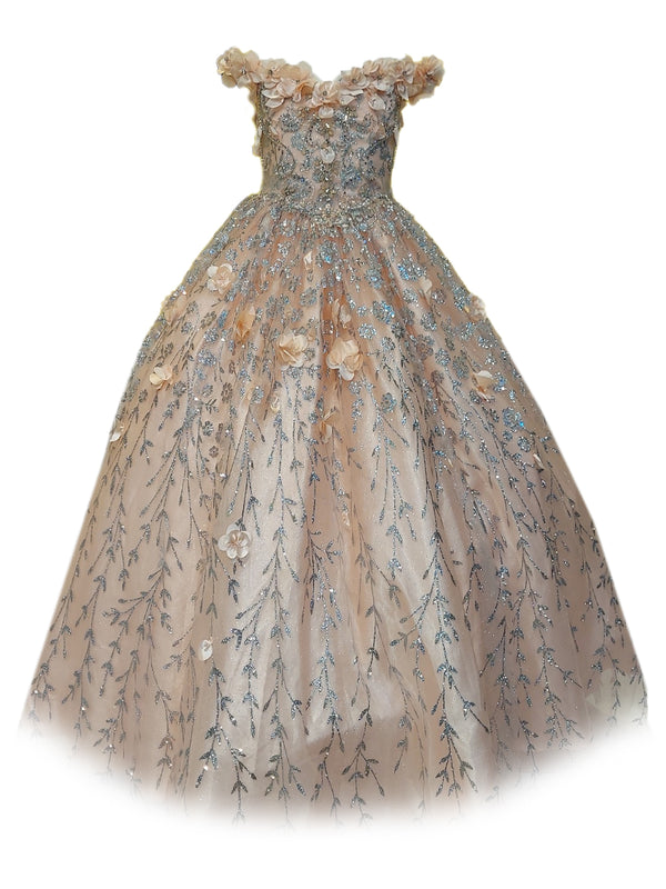 Little Girls Blush Rhinestone Flower Applique Off Shoulder Ball Gown 3-6 - SophiasStyle.com
