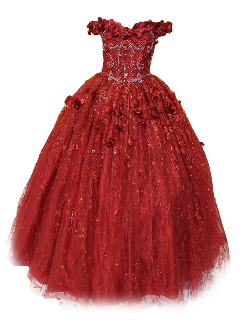 Little Girls Burgundy Rhinestone Flower Applique Off Shoulder Ball Gown 3-6 - SophiasStyle.com