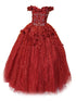Little Girls Burgundy Rhinestone Flower Applique Off Shoulder Ball Gown 3-6 - SophiasStyle.com