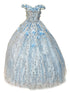 Little Girls Blue Rhinestone Flower Applique Off Shoulder Ball Gown 3-6 - SophiasStyle.com