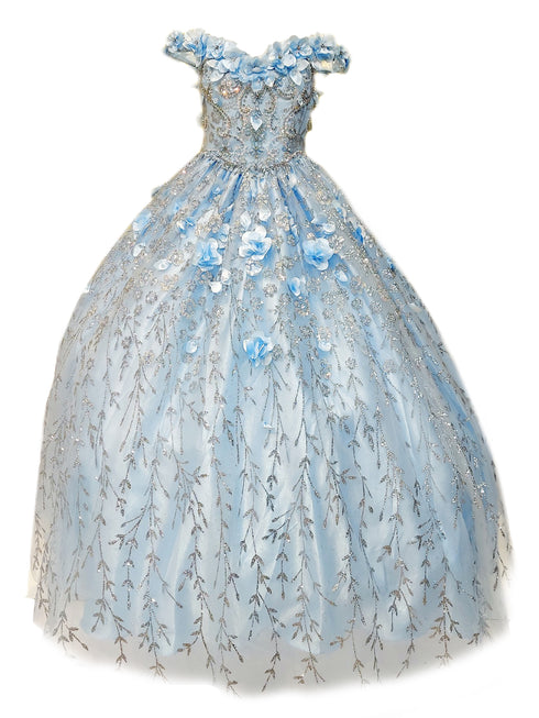 Little Girls Blue Rhinestone Flower Applique Off Shoulder Ball Gown 3-6 - SophiasStyle.com