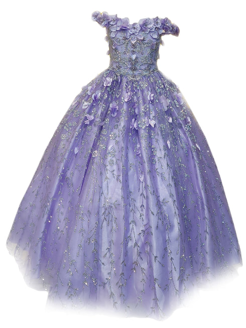 Big Girls Lilac Rhinestone Flower Applique Off Shoulder Ball Gown 8-16 - SophiasStyle.com