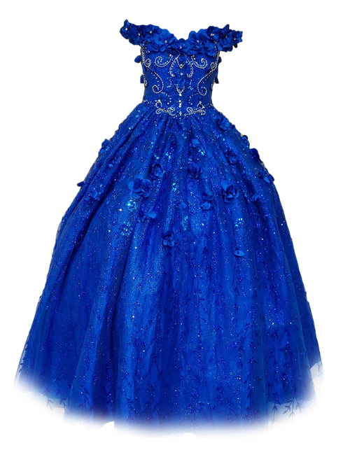 Little Girls Royal Blue Rhinestone Flower Applique Off Shoulder Ball Gown 3-6 - SophiasStyle.com