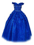 Big Girls Royal Blue Rhinestone Flower Applique Off Shoulder Ball Gown 8-16 - SophiasStyle.com