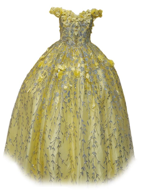 Big Girls Yellow Rhinestone Flower Applique Off Shoulder Ball Gown 8-16 - SophiasStyle.com
