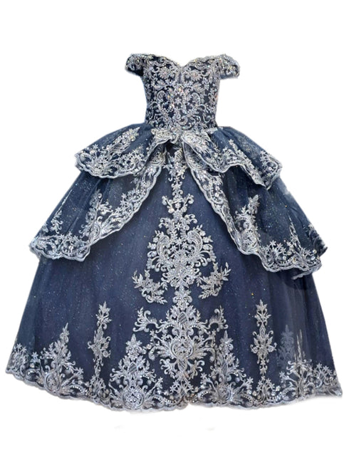 Big Girls Navy Glittery Silver Embroidered Off Shoulder Ball Gown 8-16 - SophiasStyle.com