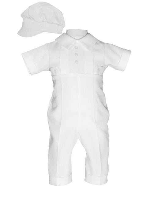 Baby Boys White Poly Cotton Waffle Pique Hat Christening Baptism Coverall 0-12M - SophiasStyle.com
