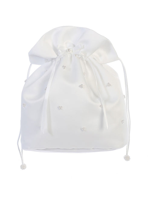 Tip Top Kids Girls White Sheer Ruffled Pearls Satin Stylish Communion Purse - SophiasStyle.com