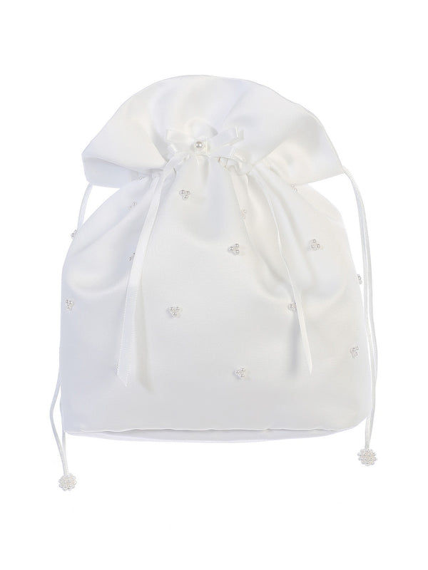 Tip Top Kids Girls White Sheer Ruffled Pearls Satin Stylish Communion Purse - SophiasStyle.com