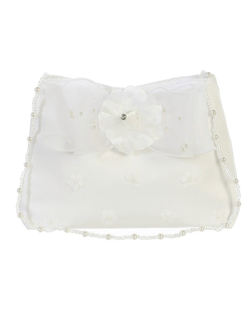 Tip Top Kids Girls Ivory Flower Accented Satin Stylish Communion Purse - SophiasStyle.com