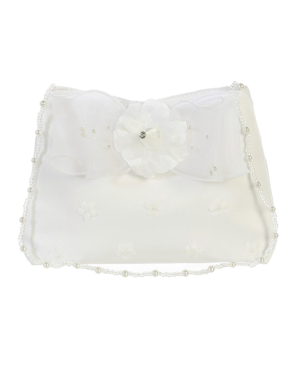 Tip Top Kids Girls Ivory Flower Accented Satin Stylish Communion Purse - SophiasStyle.com
