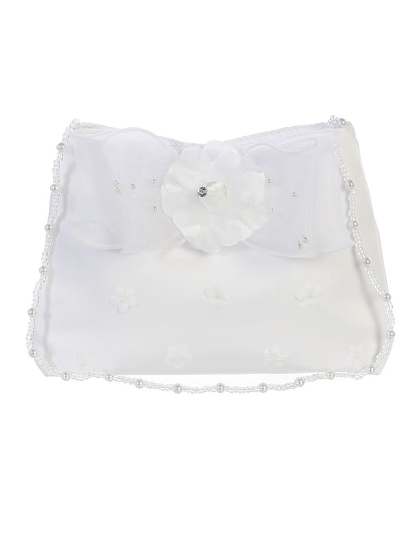 Tip Top Kids Girls White Flower Accented Satin Stylish Communion Purse - SophiasStyle.com