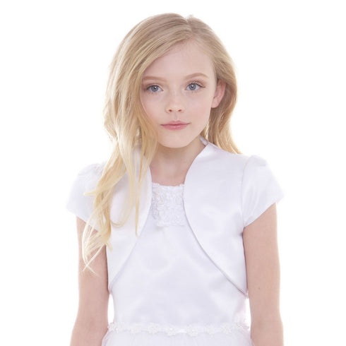 Petite Adele Little Girls White Satin High Collar Elegant Classic Bolero 2-6 - SophiasStyle.com