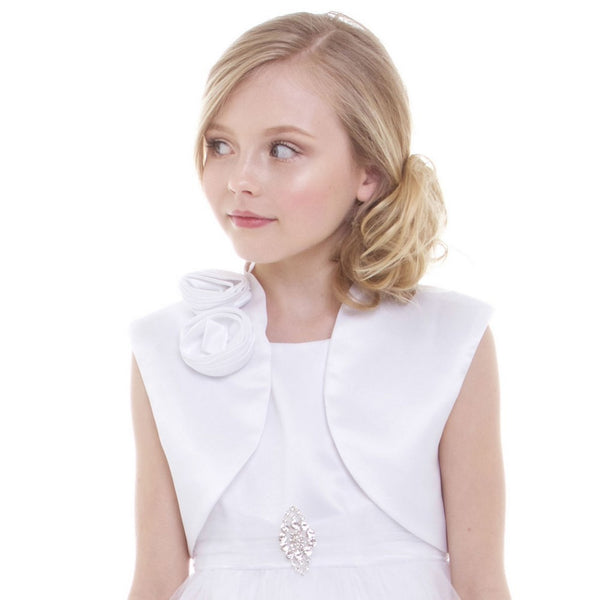 Petite Adele Little Girls White Satin Hand-Rolled Rosette Accent Bolero 2-6 - SophiasStyle.com