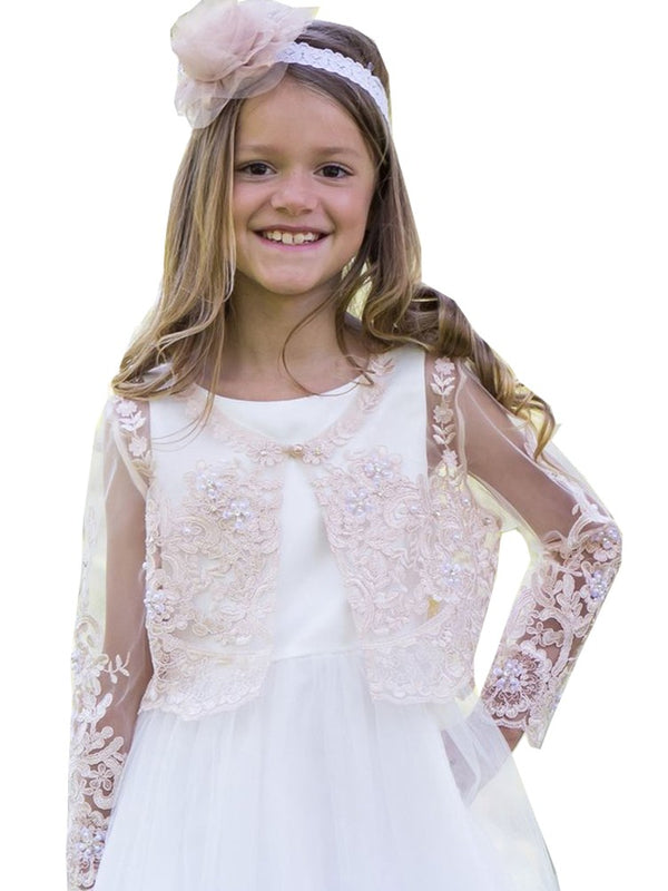 Petite Adele Little Girls Champagne Long Sleeve Bead Embroidered Bolero 2-6 - SophiasStyle.com
