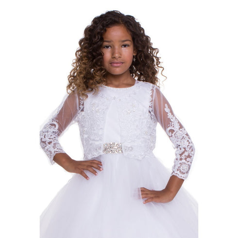 Petite Adele Girls White Beaded Floral Embroidered Long Sleeve Bolero 6-16 - SophiasStyle.com
